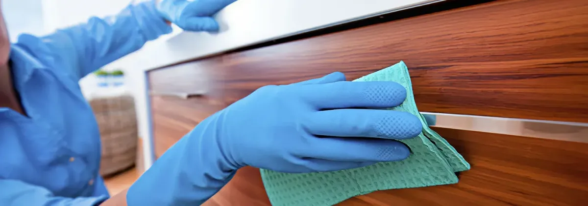Cleaner wearing blue gloves wiping a wooden cabinet drawer with a microfiber cloth for dust and grime removal, Chula Vista, CA.