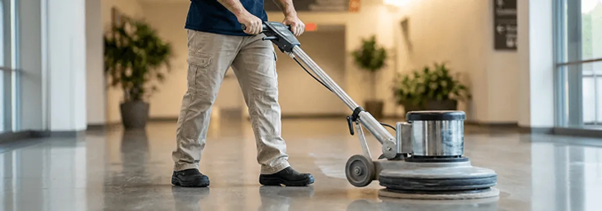 Professional technician using an industrial floor buffer to polish and maintain shiny commercial flooring in a corporate hallway in Chula Vista, CA.