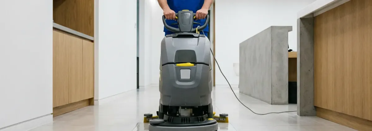 Janitorial staff using a floor scrubber machine to clean a commercial hallway, Chula Vista, CA.
