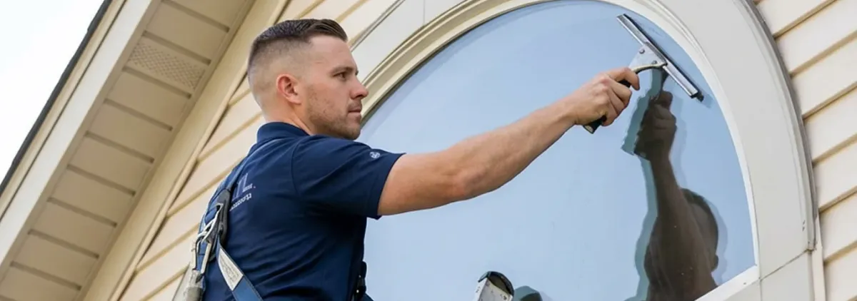Professional window cleaner using a squeegee to clean an exterior arched window on a home, Chula Vista, CA.